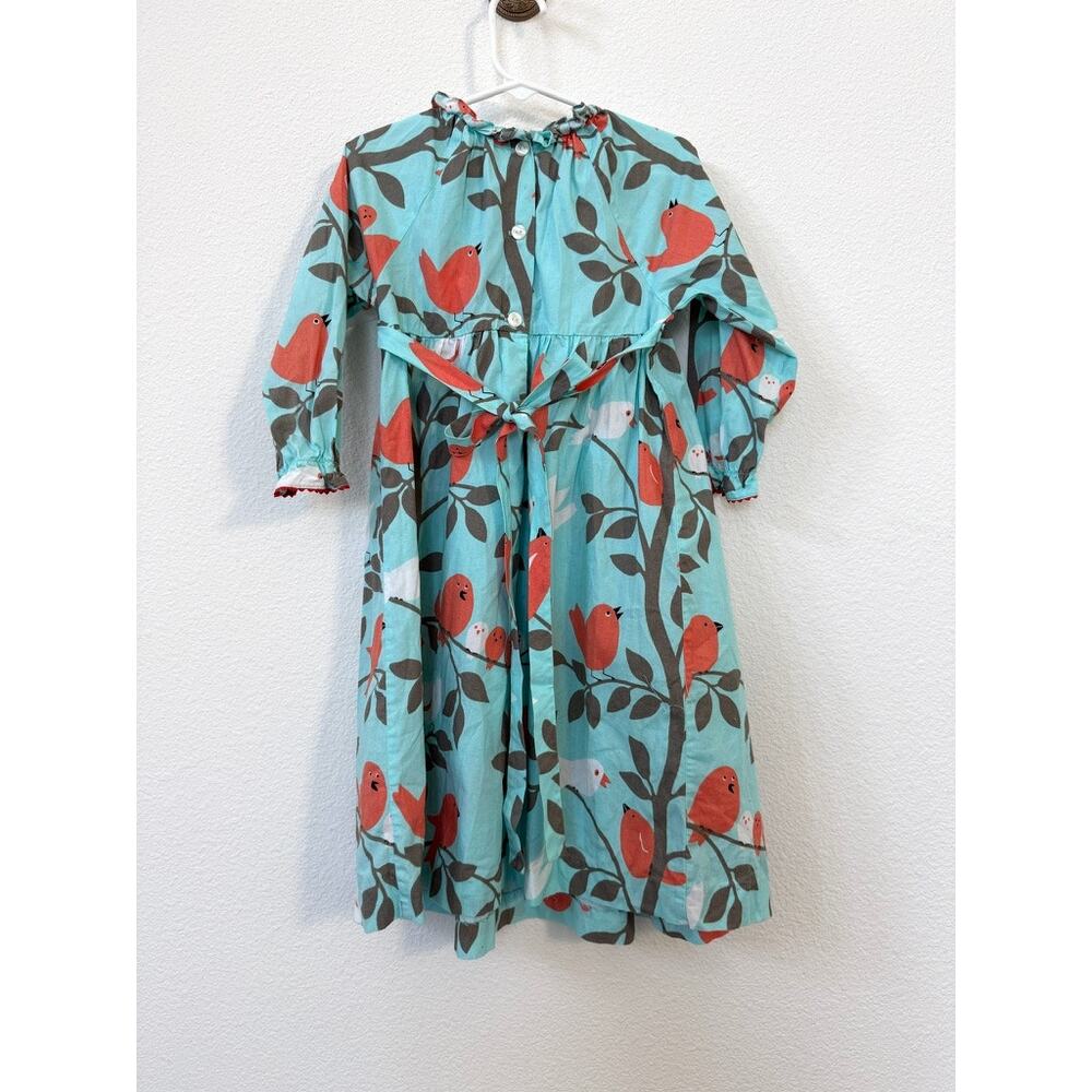 CLAIRE & CHARLIE Bird Print Hand Smocked Dress Aqua Cotton Size 4 Heirloom - Picture 5 of 7